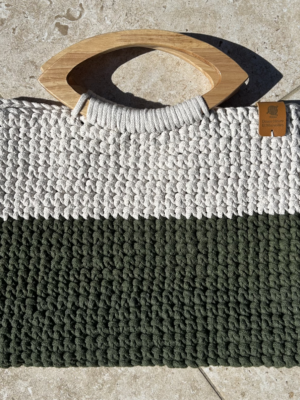 👜 Sac à main crocheté – Beige & Kaki avec anse en bois